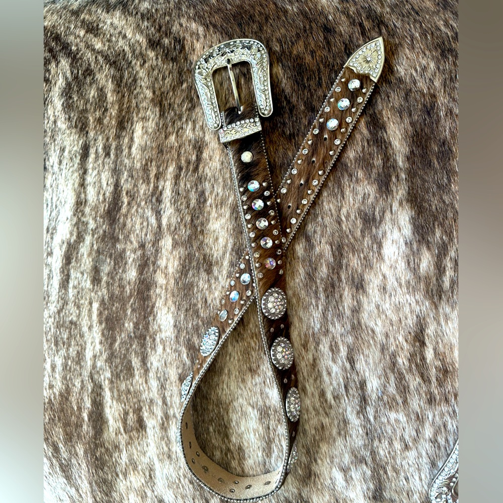 Brown cowhide western bling belt SMALL
